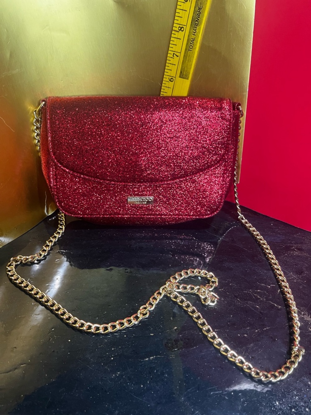 Jimmy Choo Red Glitter Crossbody with Gold Chain